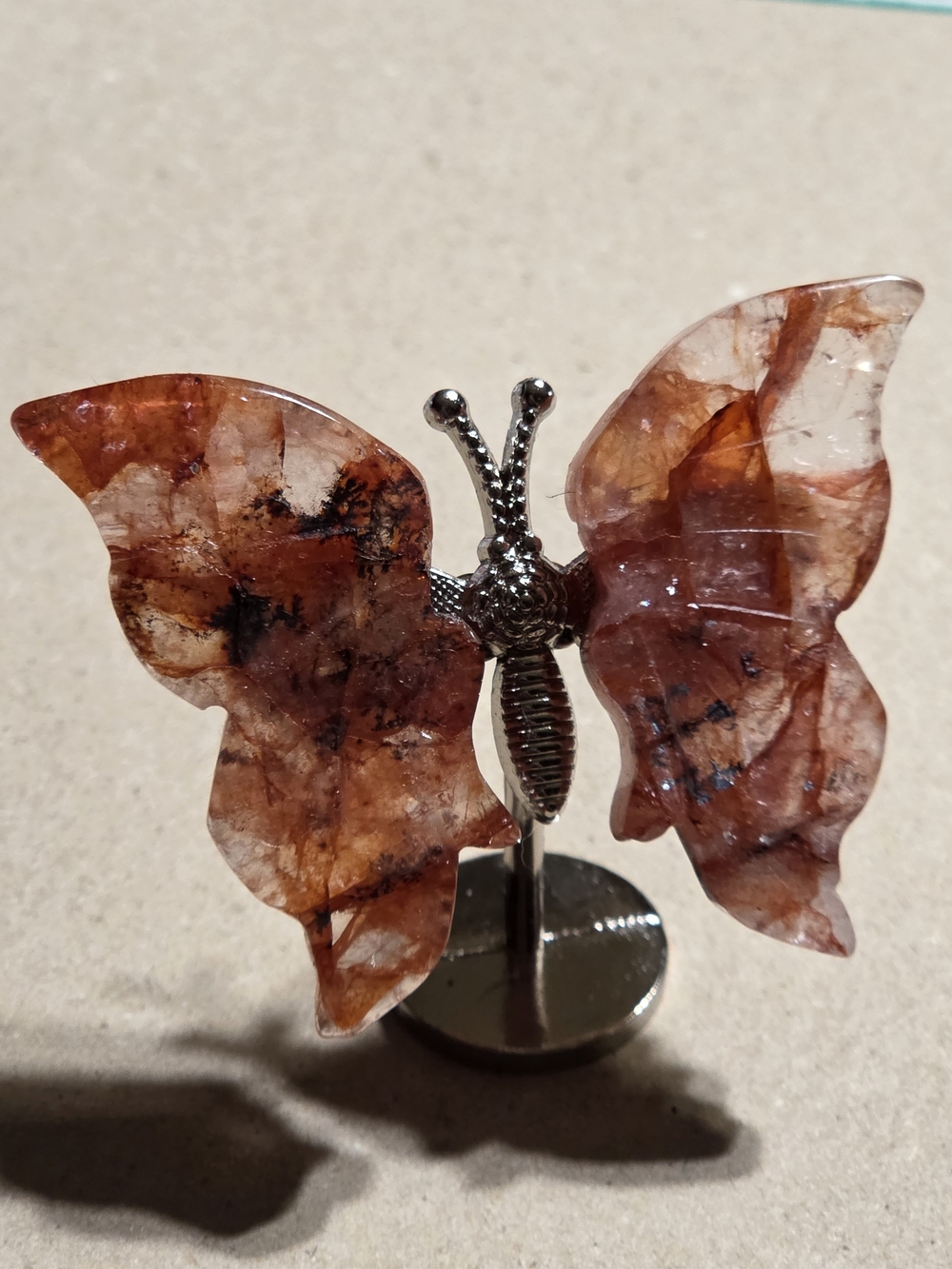 Fire Quartz Crystal Butterfly Wings On Metal Body Stand Decor